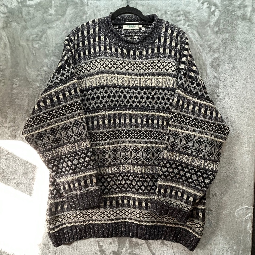 Blarney Woollen Mills Mens XXL Wool Silk Fair Isle Sweater Grey Black Irish Knit